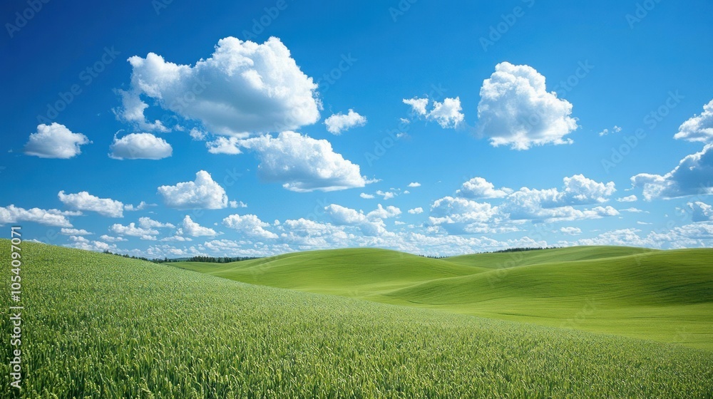 Obraz premium Rolling Green Hills with a Blue Sky and White Clouds