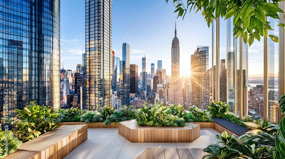 Fototapeta premium Verdant Escape: A panoramic view from the sky garden’s edge—lush foliage spills over planters, framing the cityscape below. Sunlight filters through leaves, dappling the wooden benches. The 