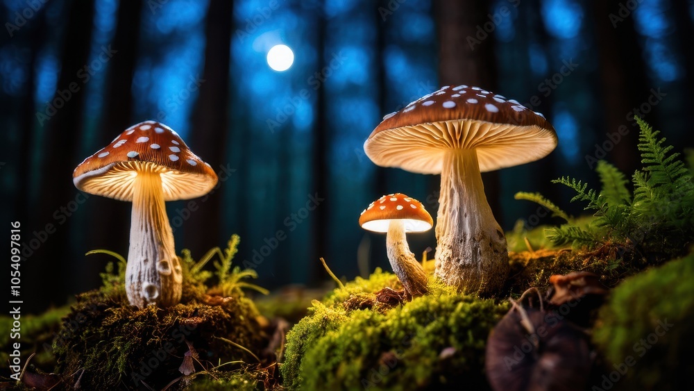 Fototapeta premium A whimsical group of mushrooms on a mossy forest floor, gently glowing with an ethereal light. A stunning representation of nature's magic and beauty.