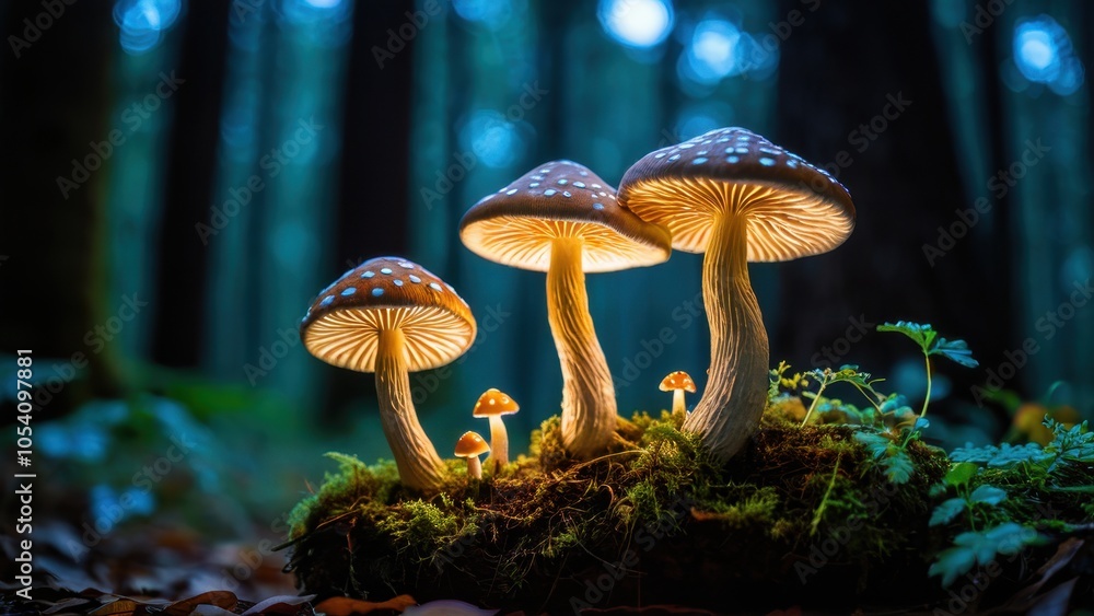 Fototapeta premium A whimsical group of mushrooms on a mossy forest floor, gently glowing with an ethereal light. A stunning representation of nature's magic and beauty.