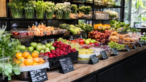 Display of fresh fruits and vegetables at a gourmet market. Colorful and appetizing produce selection. photo