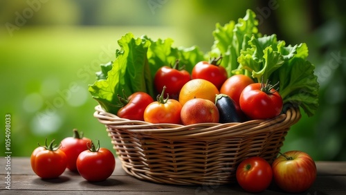 A basket of fresh fruits and vegetables, including apples, oranges, and carrots