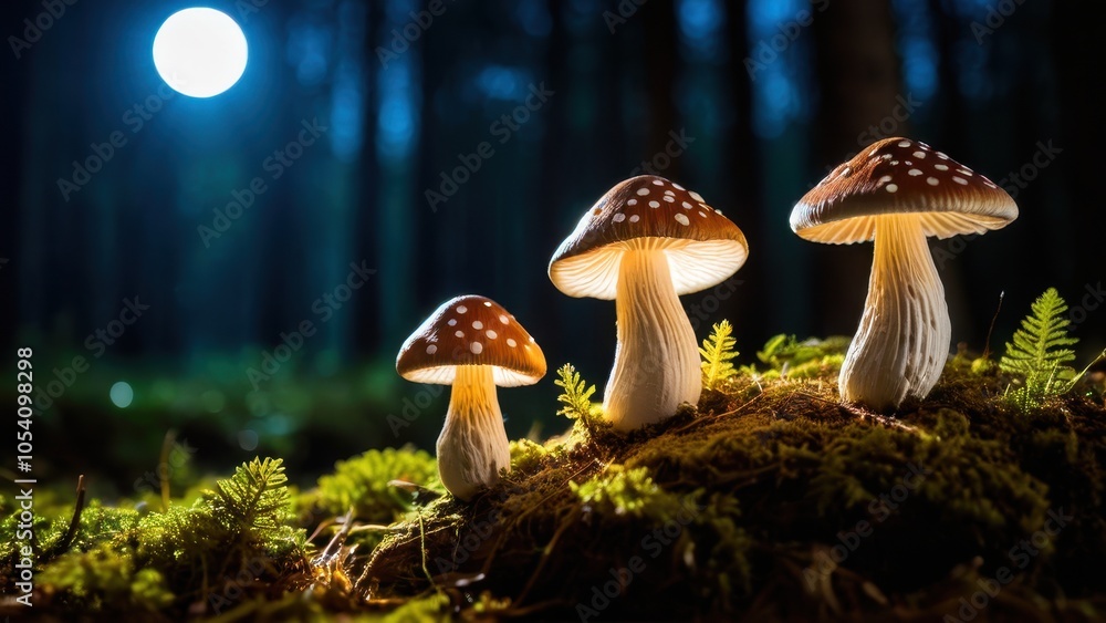 Fototapeta premium A whimsical group of mushrooms on a mossy forest floor, gently glowing with an ethereal light. A stunning representation of nature's magic and beauty.