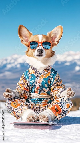 A Dog wearing a traditional Japanese kimono, meditating on a snowboard at the summit. Minimalist backgrounds photo