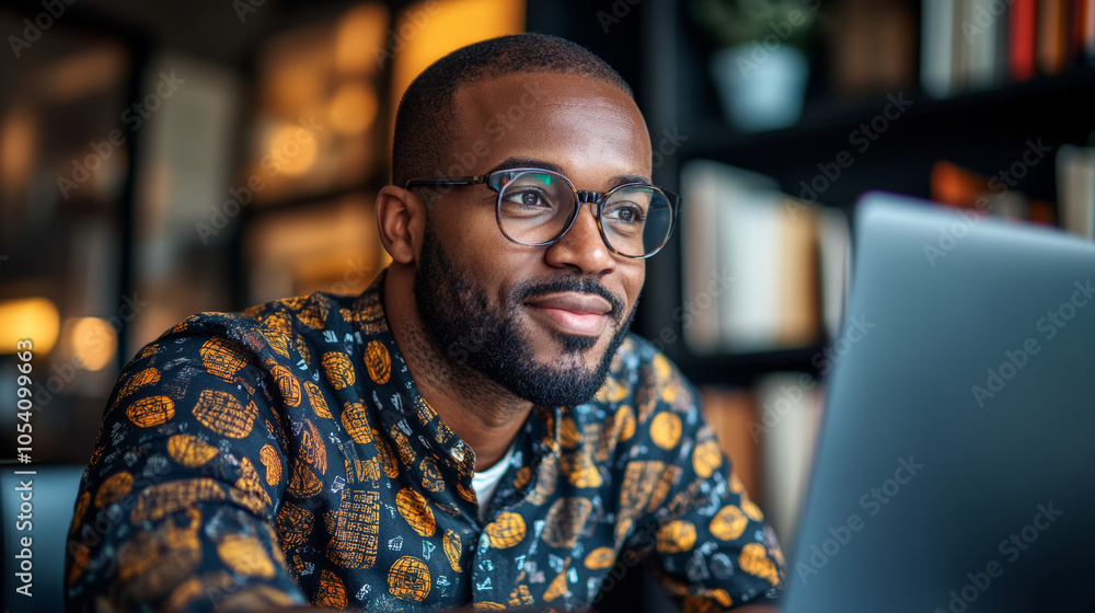 Fototapeta premium A young man with a beard smiles while looking at his laptop.