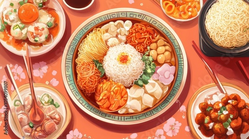 A traditional Asian food illustration featuring yee sang and lou sang dishes for Chinese New Year celebrations, highlighting culinary heritage and festive flavors. photo