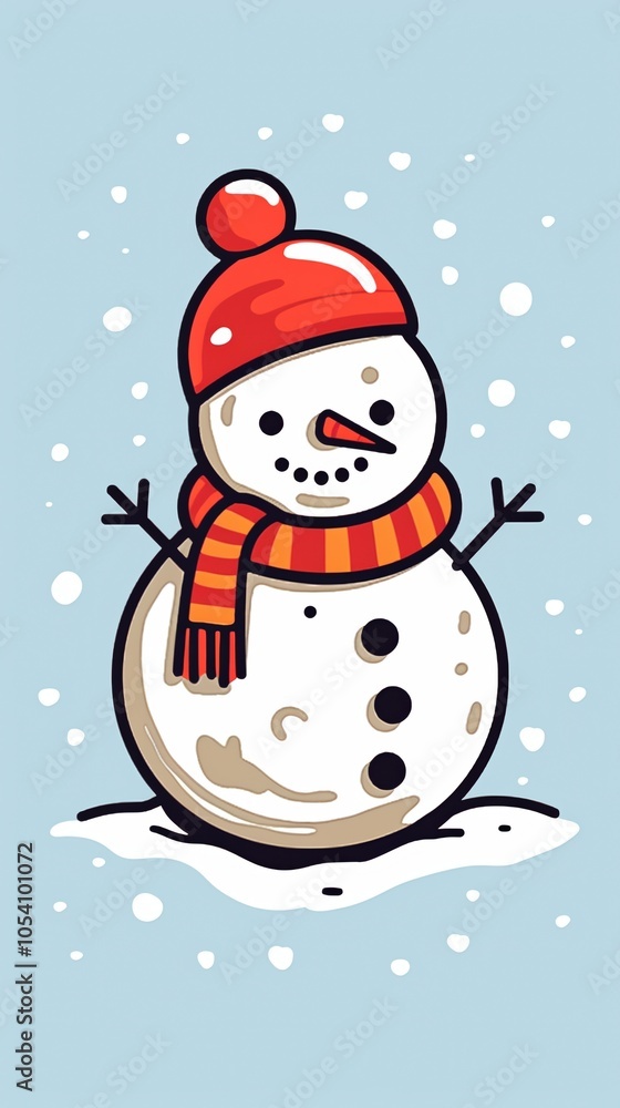 Fototapeta premium Cheerful snowman with a red hat and scarf in a snowy winter setting.