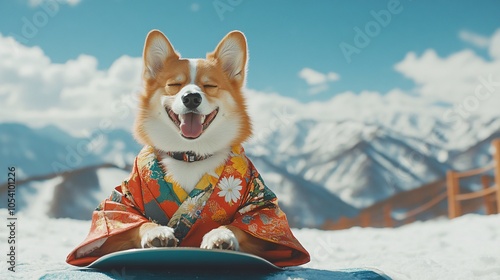 A Dog wearing a traditional Japanese kimono, meditating on a snowboard at the summit. Minimalist backgrounds photo