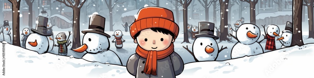 Young boy bundled up in winter attire stands joyfully before a line of cheerful snowmen in a snowy park. Young boy bundled up in winter attire stands joyfully before a line of cheerful snowmen in a snowy park.