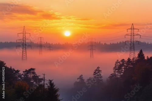 The warm hues of sunrise illuminate a foggy valley filled with tall trees and power lines, creating a serene atmosphere in the early morning