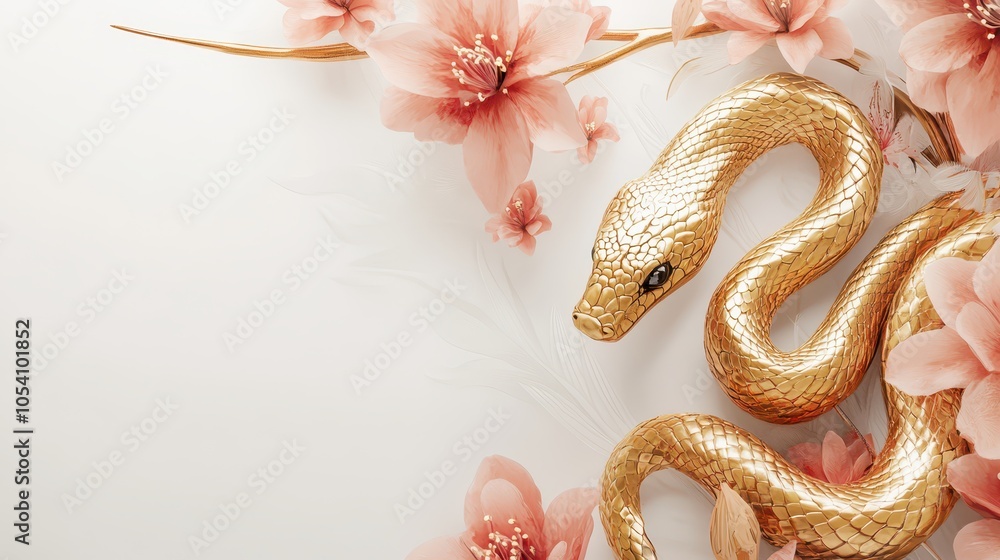Obraz premium Golden snake surrounded by pink flowers on a white background, representing Chinese New Year festivities.