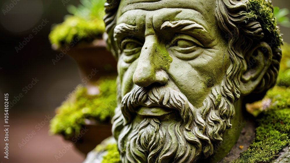 A moss-covered statue of an elderly man, weathered by time, blending harmoniously with the surrounding greenery. A captivating piece for garden or outdoor decor. A moss-covered statue of an elderly man, weathered by time, blending harmoniously with the surrounding greenery. A captivating piece for garden or outdoor decor.