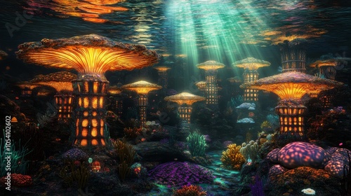 Underwater city with vibrant coral formations, bioluminescent elements, and intricate architectural designs. photo