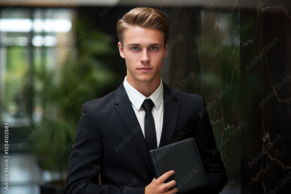 Fototapeta premium Man in a suit and tie is holding a black book. He is standing in front of a wall