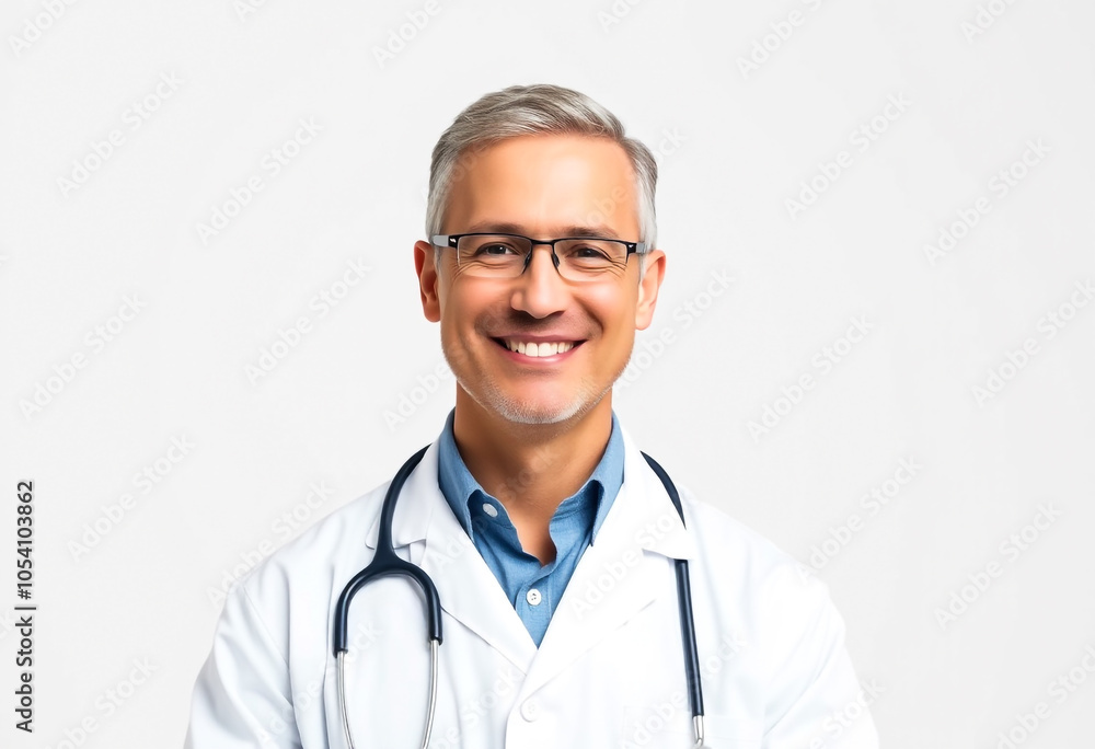 Fototapeta premium Smiling middle-aged male doctor in a professional setting