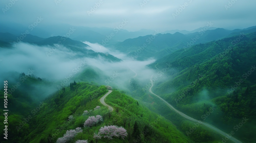 Misty valley with green mountains Misty valley with green mountains