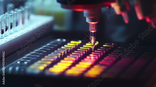 Close-up of a laboratory device in action, showcasing a colorful, illuminated keypad with pipetting in a scientific environment.