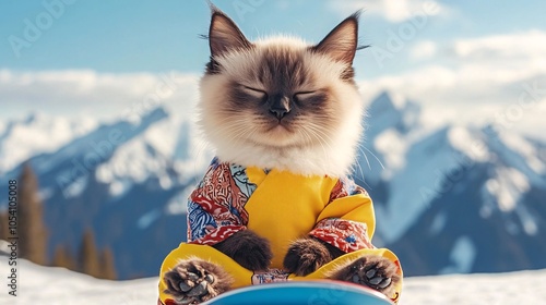 A Siamese cat, wearing a traditional Japanese kimono, meditating on a snowboard at the summit. Minimalist backgrounds photo