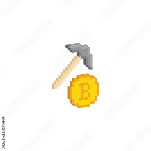 isometric Bitcoin mining icon 8 bit, pixel art cryptocurrency icon
