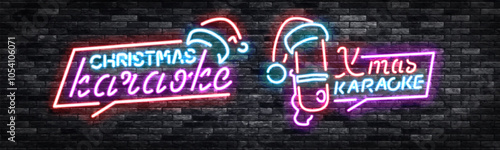 Vector neon sign set of Christmas Karaoke isolated on wall background.