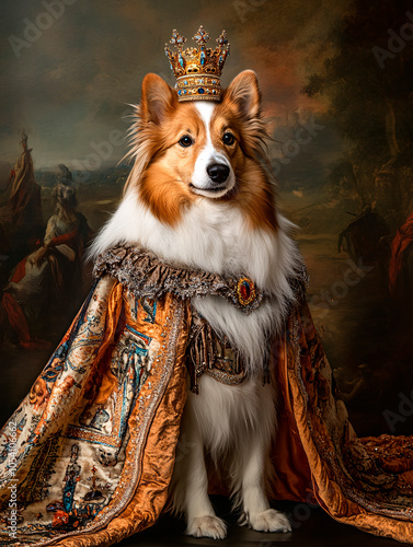 A portrait of a dog wearing historic clothing: Shetland Sheepdog portrait in clothing