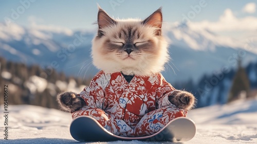 A Siamese cat, wearing a traditional Japanese kimono, meditating on a snowboard at the summit. Minimalist backgrounds photo