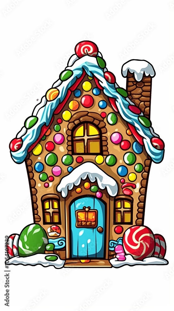 Naklejka premium Colorful gingerbread house decorated with vibrant candy and icing details.