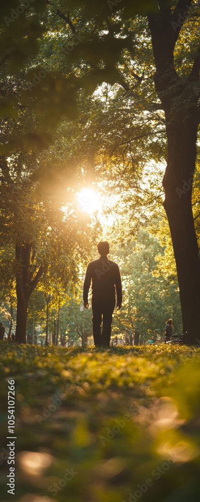 Naklejka premium A man walks through a park towards the sunset, backlit by the golden light.