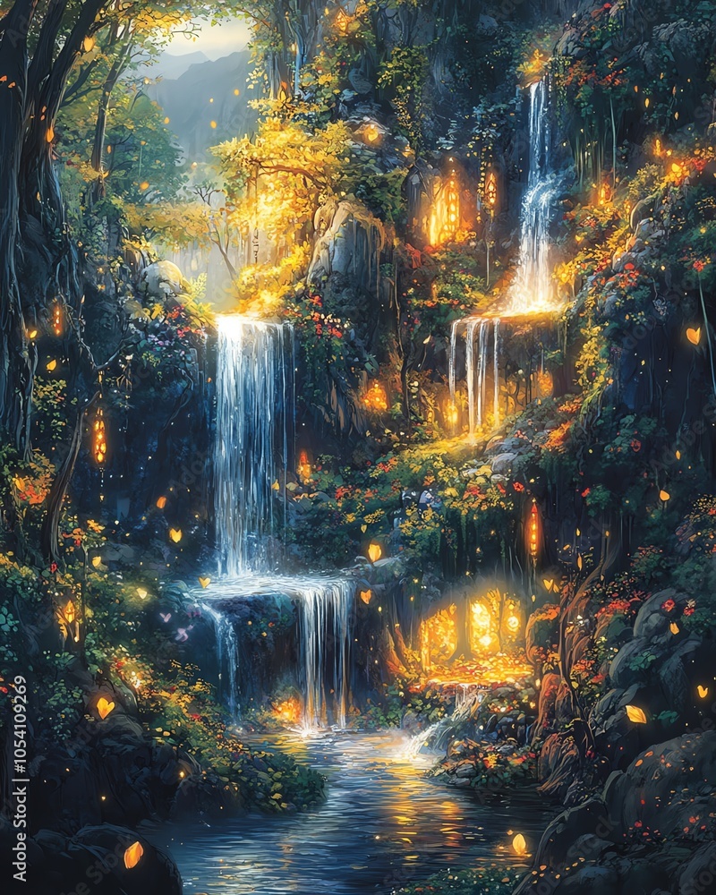 Enchanting waterfalls and glowing lights in a magical forest scene Enchanting waterfalls and glowing lights in a magical forest scene