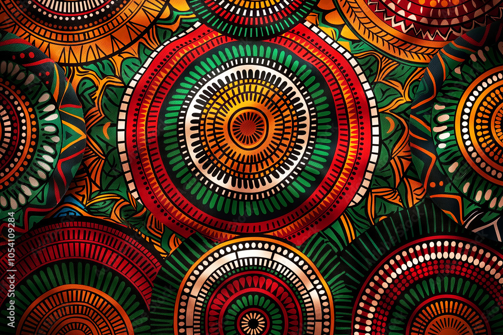Obraz premium African print pattern with tribal circular designs in red, green, and yellow colors