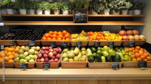 Display of fresh fruits and vegetables at a gourmet market. Colorful array of produce in a specialty food store. photo