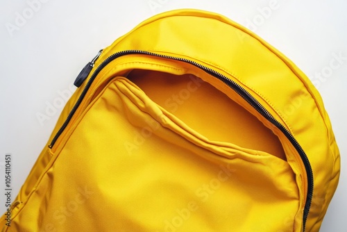 Create a yellow school backpack laying down. The camera angle is from top view, giving a flat lay look. the zipper is open showing the inside a bit. the background is solid white. make the style vib 