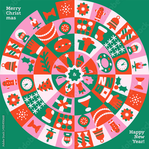 Happy New Year 2025 trendy minimal greeting card concept. Christmas design in modern minimalist geometric style. Colorful illustration in flat style. Round shape with geometrical patterns.Flat vector