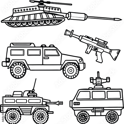 military vehicles and firearms line art vector illustration.