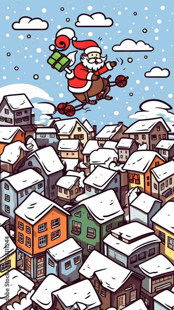 Naklejka premium Cartoon Santa Claus flying over snow-covered town with gifts in hand during a snowy night.