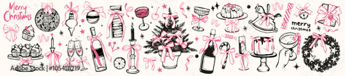 Coquettish merry Christmas set, vector hand drawn New Year doodle illustration, pink ribbon bow. Winter holiday celebration dinner champagne bottle, elegant decoration cocktail glass. Christmas doodle