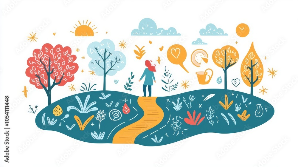 Naklejka premium A colorful and whimsical nature scene with a person exploring a vibrant landscape filled with trees, plants, and sunshine.