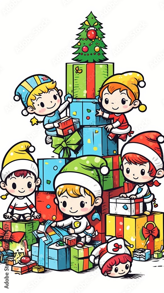 Fototapeta premium Cute cartoon children in festive outfits stacking holiday gifts into a Christmas tree shape.