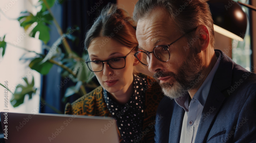 Fototapeta premium mature mentor man and woman discussing project on laptop