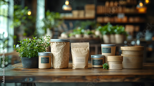 A Set of Products with Eco-Friendly Packaging, Featuring Paper Wrap, Recyclable Containers, and Sustainable Materials – Promoting Environmental Responsibility and Conscious Consumerism 