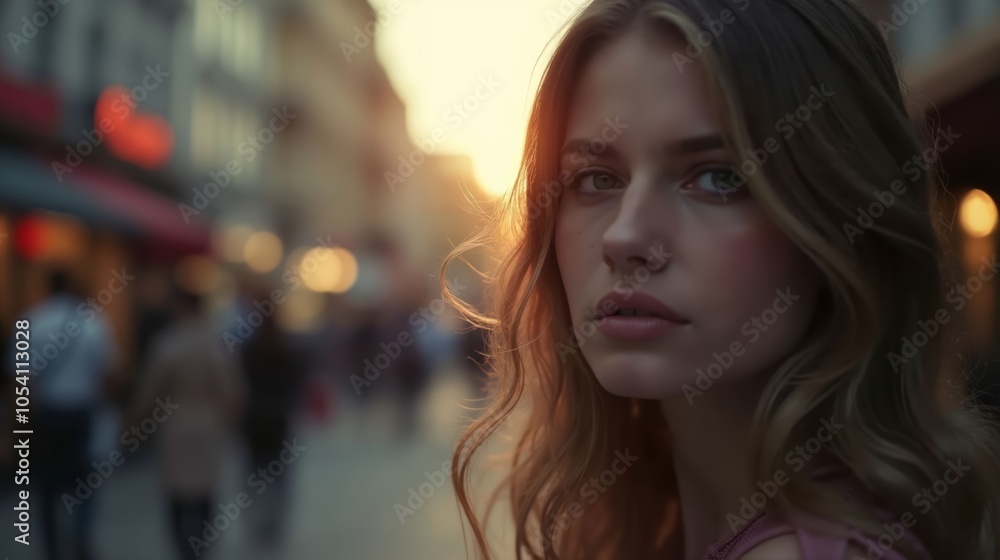 Obraz premium Cinematic Portrait of a Woman at a Street Corner Amidst Urban Activity