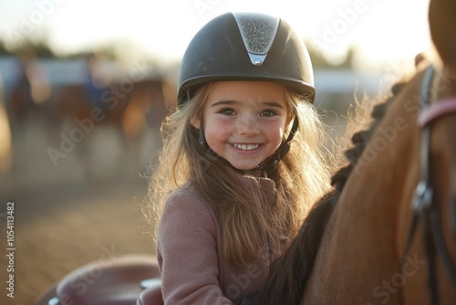 Young Girl Wearing a Riding Helmet Smiles While Sitting on a Horse photo