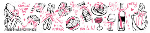 French bakery dessert icon set, vector Paris croissant baguette macaroon doodle illustration, wine. Elegant coquettish breakfast, pink ribbon bow, girly hand drawn line art. French bakery collection