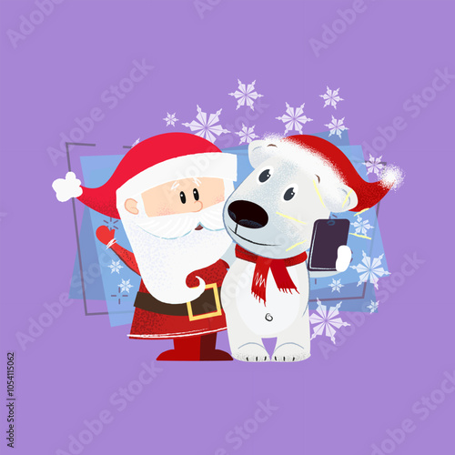 Cartoon Santa Claus and dog talking on phone. Christmas wish or communication concept. Vector illustration can be used for festive posters, greeting cards, party invitations