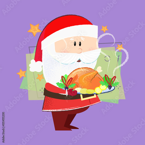 Cartoon Santa Claus serving festive dinner. Christmas menu concept. Vector illustration can be used for banner design, festive posters, flyers, party or dinner invitations