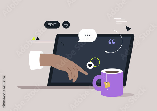 Fingers dance across the laptop keyboard, engaging with a vibrant screen as a steaming purple mug rests close by, symbolizing focus and productivity in a stylish work environment