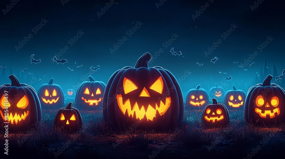 A spooky Halloween scene featuring illuminated jack-o'-lanterns against a dark, misty backdrop with floating bats. A spooky Halloween scene featuring illuminated jack-o'-lanterns against a dark, misty backdrop with floating bats.