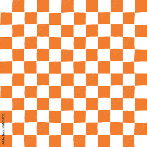 Seamless vector repeating pattern with small ditsy hand drawn checkerboard in orange and white. Halloween, harvest, fall, autumn checker background for packaging, paper, fabric, wallpaper.