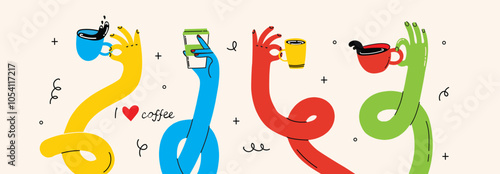 Coffee hands collection, vector illustration in flat cartoon style. Colorful curved funny twisted intertwined hands holding coffee cups, cozy mugs, to-go cups, warm drinks.