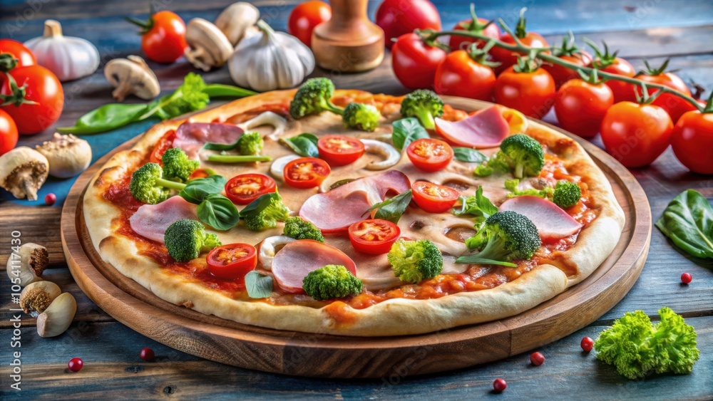 A freshly baked pizza topped with tomato sauce, ham, broccoli, cherry tomatoes, and a sprinkle of basil, resting on a rustic wooden board. A freshly baked pizza topped with tomato sauce, ham, broccoli, cherry tomatoes, and a sprinkle of basil, resting on a rustic wooden board.